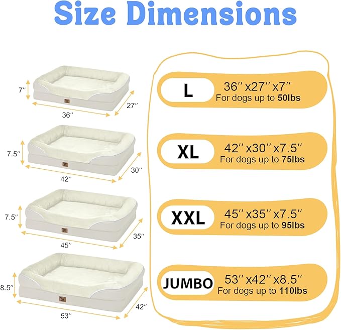 Washable Orthopedic Large Dog Bed - Extra Large Dog Beds with Bolsters Removable Orthopedic Foam Support Dogs Bed for XL Large Size Dogs with Waterproof Cover Non-Slip Bottom Pet Beds