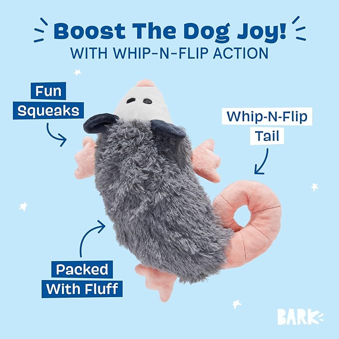 Barkbox Poppy Possum Dog Toy – Plush Squeaky Toy with Whip-N-Flip Tail & Fluffy Filling – Interactive Plush Fun for Dogs Who Love to Thrash & Play