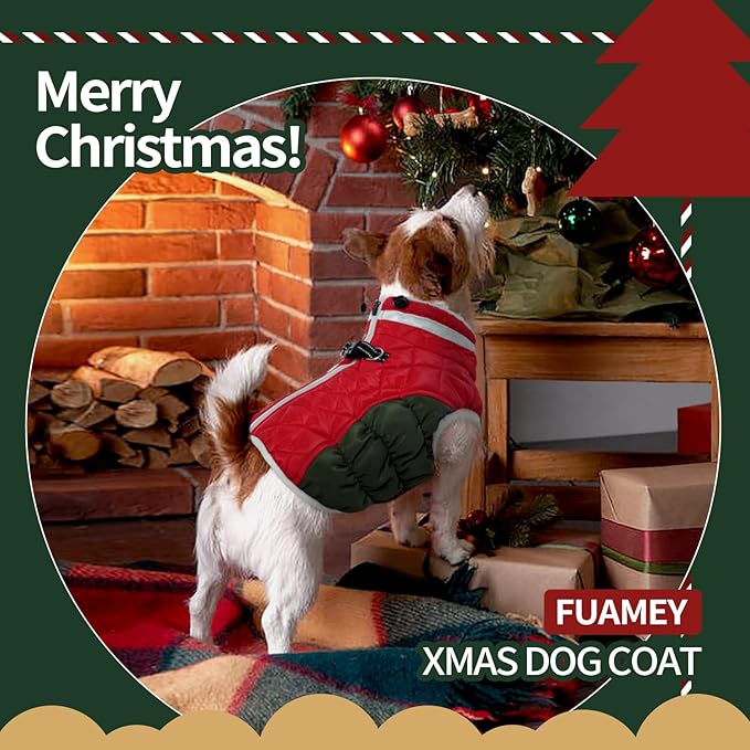 FUAMEY Dog Coat for Large Dogs,Waterproof Dog Winter Jacket with Harness Built in Puppy Cold Weather Coats Reflective Pet Vest with Zipper Warm Fleece Dogs Snowsuit Windproof Christmas L