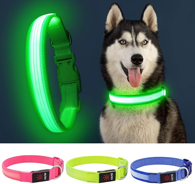 YFbrite Light up Dog Collar, USB Rechargeable LED Puppy Collar Super Bright Adjustable Glowing Dog Lights for Night Walking (Design 2-Green, Medium)