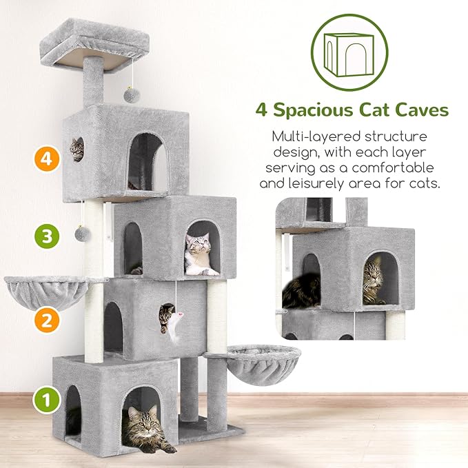 Globlazer Large Cat Tree Condos for Indoor Cats Large Adult, 70inch Tall Cat Tree Condo Tower with 4 Spacious Cat Condo Houses, 3 Sisal Scratching Posts, 2 Adjustable Hanging Baskets, F70C, Cloud Gray