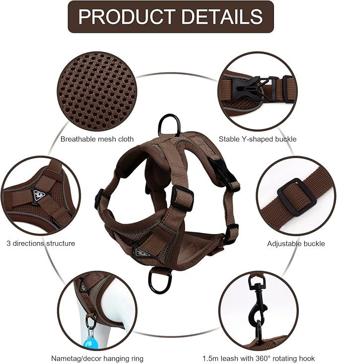 Cat Harness and Leash Set, Upgraded Escape Proof Adjustable Vest with Lead for Large Cat Small Dog Puppy Outdoor Walking, Soft Breathable Mesh Jacket with Reflective Strips for Dark Night L Brown