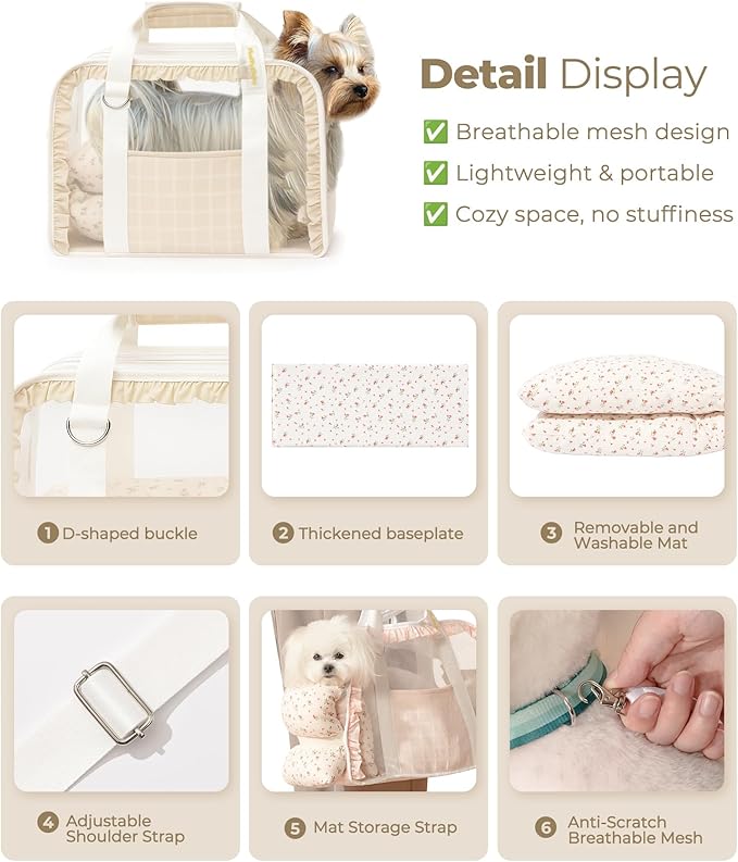 Pet Carrier for Medium Cats, Dog Carrier with Soft-Sided Cat Carriers, Breathable Mesh for Small/Medium Cats Dogs Puppies (Up to 13lbs), Foldable with Safety Buckle for Travel - Beige