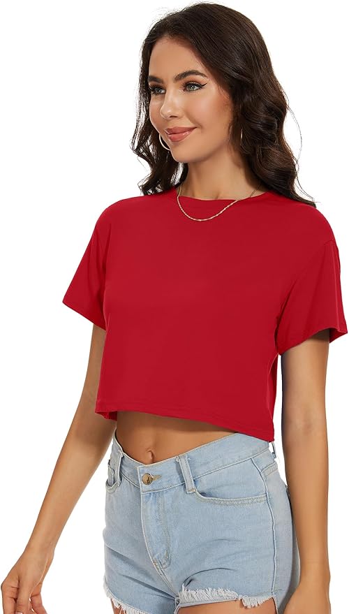 Womens Summer Crop Tops Short Sleeve Round Neck T-Shirts Loose Fit Casual Blouse
