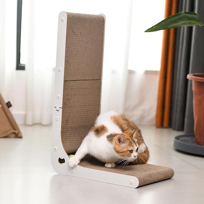 Cat Scratcher Cat Claw Board L-Shaped Vertical Simple and Durable Cat Claw Board Not Easy to Drop Scraps Belt Bell Ball Cat Scratching Board(White)