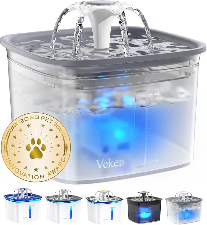 Veken Innovation Award Winner 95oz/2.8L Pet Fountain, Automatic Cat Water Fountain Dog Water Dispenser with Replacement Filters for Cats, Dogs, Multiple Pets (Transparent Grey, Plastic)