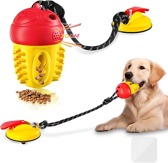 Interactive Dog Toys Tug of War,Dog Puzzle Toy Squeaky for Medium Large Breed Mental Stimulation,Indestructible Food Dispensing Dog Toy to Keep Busy,Red Yellow