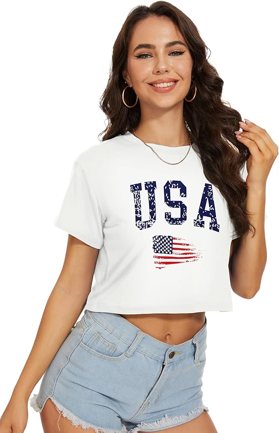 Womens Summer Crop Tops Short Sleeve Round Neck T-Shirts Loose Fit Casual Blouse