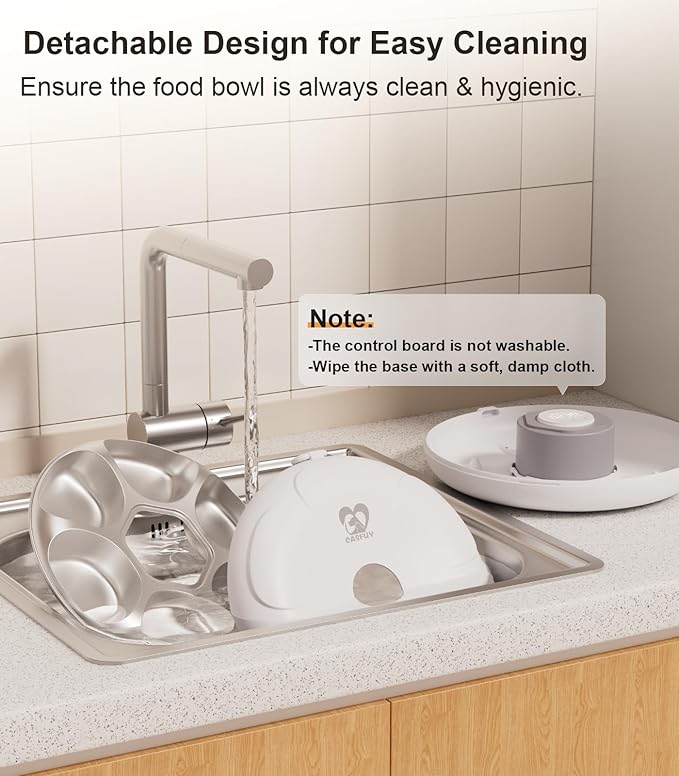 Casfuy Automatic Cat Feeder Cordless - Automatic Cat Food Dispenser with Stainless Steel Tray for Wet Food Rechargeable Auto Feeder for Cats Small Dogs with Programmable Timer Low Battery Indicator