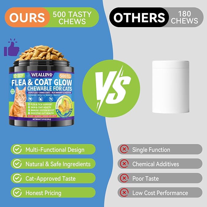 Flea and Tick Prevention for Cats - Cat Flea Treatment with Skin & Coat Support, 500 Crunchy & Creamy Chews, Oral Natural Flea Chewables for Gut & Immunity Support for All Breeds & Ages Chicken Flavor