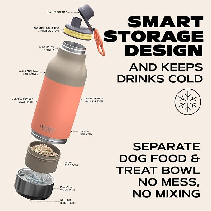 Asobu Dog Barky Bottle – Insulated Stainless Steel Water Bottle with 2 Removable Dog Bowls for Food, Treats & Water – Pet-Friendly Travel Bottle for Hiking, Road Trips & Outdoor Adventures