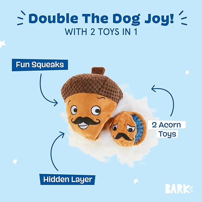 Barkbox Dog Toy 2 in 1 Interactive, Plush Exterior with Squeaker & Textured Material, Tearable Dog Toy with Squeaky Spikey Ball Inside, Ideal for Toy Destroyers - Monsieur Acorn, Large