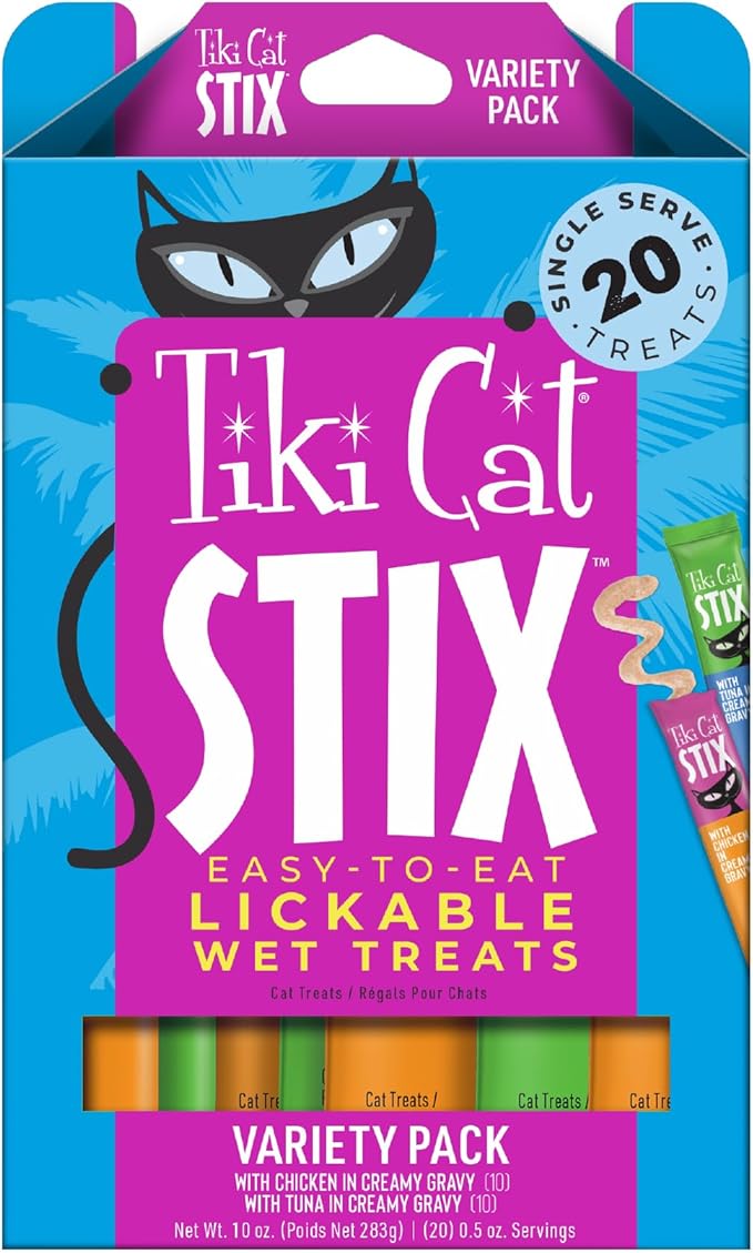 Tiki Cat Stix Mousse Treats, Single Serve Indulgent Lickable Treat or Dry Food Topper, Variety Pack, 0.5 oz. Servings (20 Count)