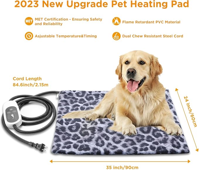 Tikaton MET Certified Pet Heating Pad, 2024 New Upgrade Heated Cat Bed Indoor with Auto Shut Off Timer, 6 Temperature Adjustable Pet Heating Pads (L: 35" x 24", BlackLeopard)