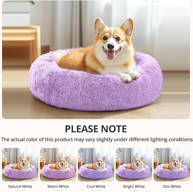 JOLLYVOGUE Small Dog & Cat Beds for Indoor Cats, Donut Cuddler Warming Soft Dog Beds with Anti-Slip Bottom, Round Calming Fluffy Plush Faux Fur Cushion Bed for Small Dogs (20", Purple)