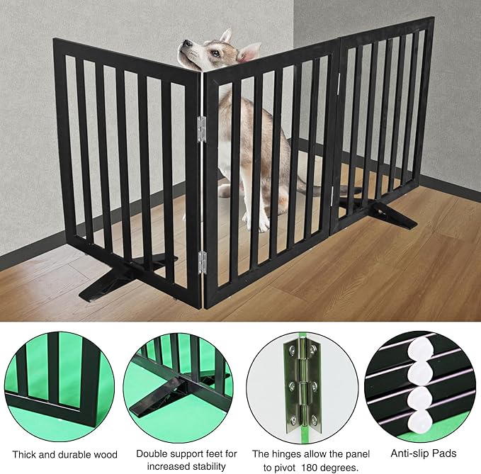ZJSF Freestanding Indoor Dog Gate for House Foldable Wood Puppy Gate for Doorways Pet Gate for Stairs Extra Wide Pet Fence, Black, 24" Height 2 Panels