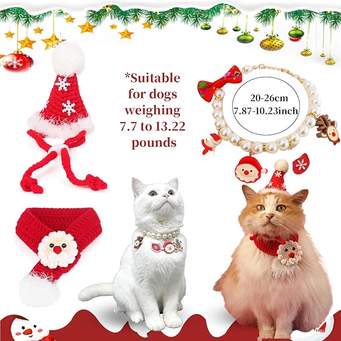 4Pcs Christmas cat Costume Accessories Set for Cats-Santa Hat, Pearl Necklace, Scarf with Gift Bag for Holiday Party Photo