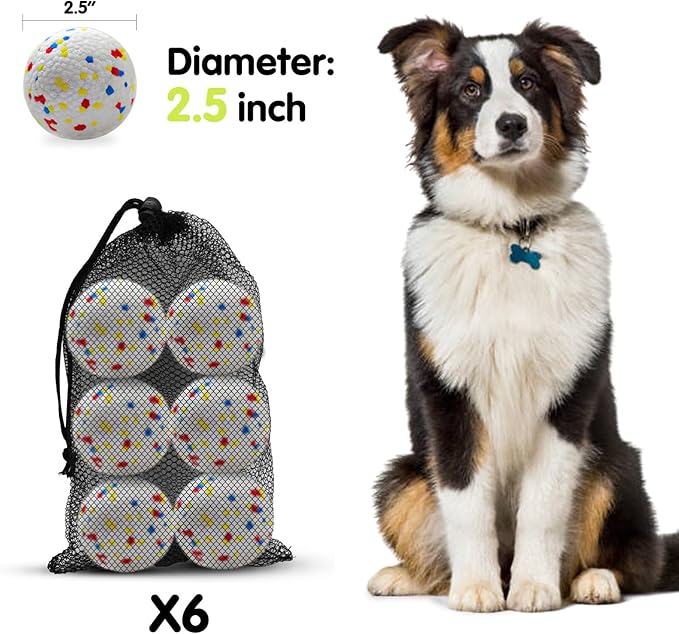Dog Balls 2.5 Inch, Indestructible Dogs Tennis Balls 6 Pack for Aggressive Chewers, Durable Bouncy Floating Interactive Dog Toys for Large and Medium Dogs, Packed in Mesh Bag (ETPU Material)