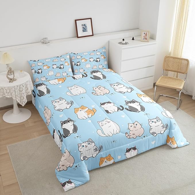 Erosebridal Kawaii Cat Bedding Queen for Girls Rainbow Kitten Comforter Set Cute Pet Bedding Comforter Sets Kids Cartoon Animal Duvet Insert Pastel Blue Quilted Duvet with 2 Pillow Shams Lightweight