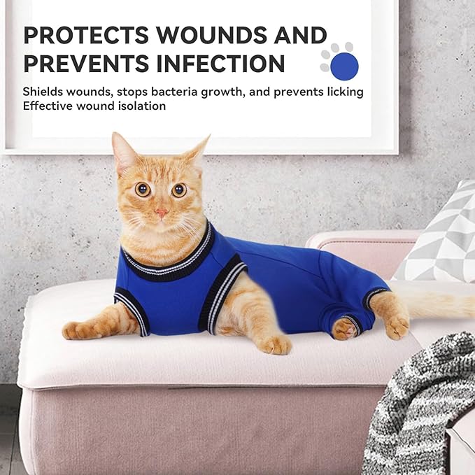 T'CHAQUE Cat Clothes Surgery Recovery Suit for Female Male, Cat Onesie Pet Surgical Pajamas Hind Legs Long Sleeve, Abdominal Wound Skin Diseases, E-Collar Alternative, Spay Recovery Suit, RoyalBlue-S