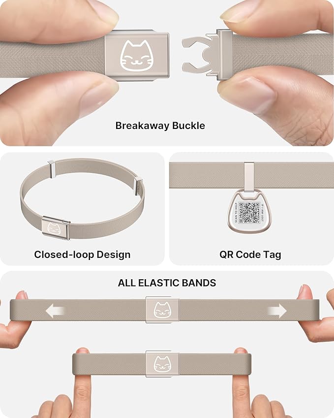 Cat Collar with QR Code Name Tag, Breakaway Kitten Collar for Boy & Girl Cats, Ultra Soft Elastic Adjustable Band, Safety Break Away Buckle, Comfortable & Secure Pet ID Collar (6"-12"), Khaki