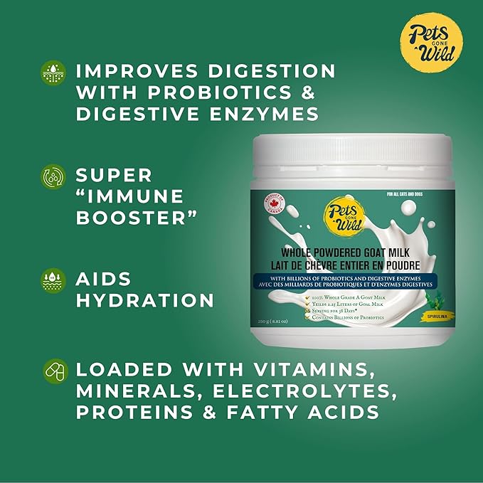 Pets Gone Wild Goat Milk Powder, Non-GMO, Picky Eater Friendly, Liquid Gold High Protein Supplement for Gut Health, Immunity & Hydration Ideal as Milk or Food Topper, Made in Canada