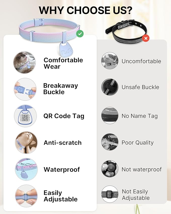 Cat Collar with QR Code Name Tag, Breakaway Kitten Collar for Boy & Girl Cats, Ultra Soft Elastic Adjustable Band, Safety Break Away Buckle, Comfortable & Secure Pet ID Collar (6"-12"), Iridescent