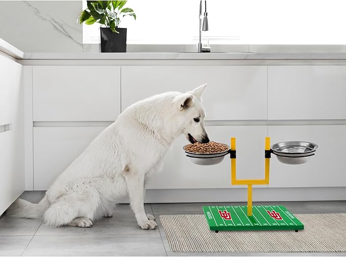 NCAA Utah Utes Goalpost Football Field Dog Feeder – Adjustable Elevated Dog Bowls with Stand, 2 Stainless Steel Bowls, Non-Slip Rubber Feet, Raised Pet Feeder for Large & Small Dogs
