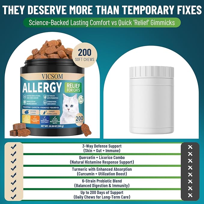 200 Natural Cat Allergy Relief Chews, Cat Itchy Skin Allergy Relief & Immune Support Chews for Seasonal Allergies Cats, Itch Relief for Cats Paws, Eyes, Ears, Stop Licking & Scratching, Chicken Flavor