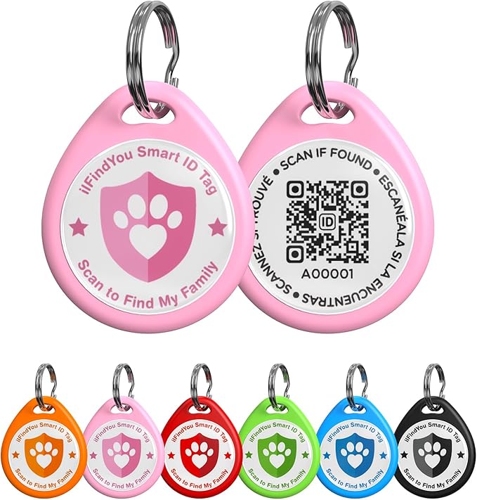 Dog Tags Personalized, QR Code Pet ID Tags for Dog Collar, Online Profile, Scan Location Alerts, Pink