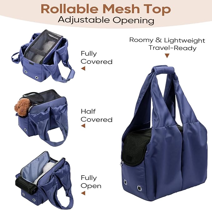 Dog Purse Carrier for Small Dogs, Cats, and Puppies – Soft-Sided Travel Pet Tote Bag with 4 Large Pockets, Foldable, Lightweight, Fits Pets up to 15 lbs, for Travel, Vet, Outings (Dark Blue)
