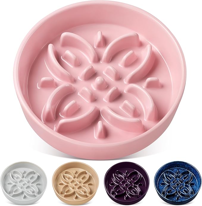 vancasso Ceramic Slow Feeder Dog Bowls, Puzzle Dog Food Bowls with Floral Maze, Anti -Slip Pet Food Dish for Large Breed, 3 Cups, Pink