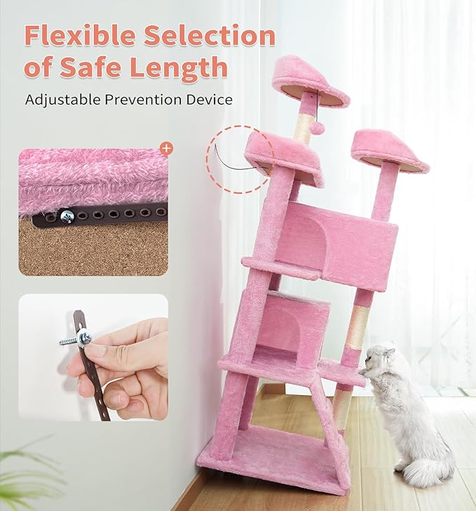 Made4Pets Cat Tree Tower 56" Cat Tower for Indoor Cats Kitten Tree Multi-Level Cat Tree with 2 Condo Furniture Activity Center with Scratching Posts Funny Toys (Pink)