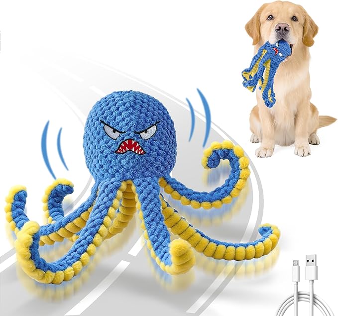 Interactive Dog Toys Octopus,Durable Automatic Jumping Dog Toy to Keep Them Busy,Squeaky Moving Tug of War Doggie Toy,USB Rechargeable Puppy Toys (Blue)