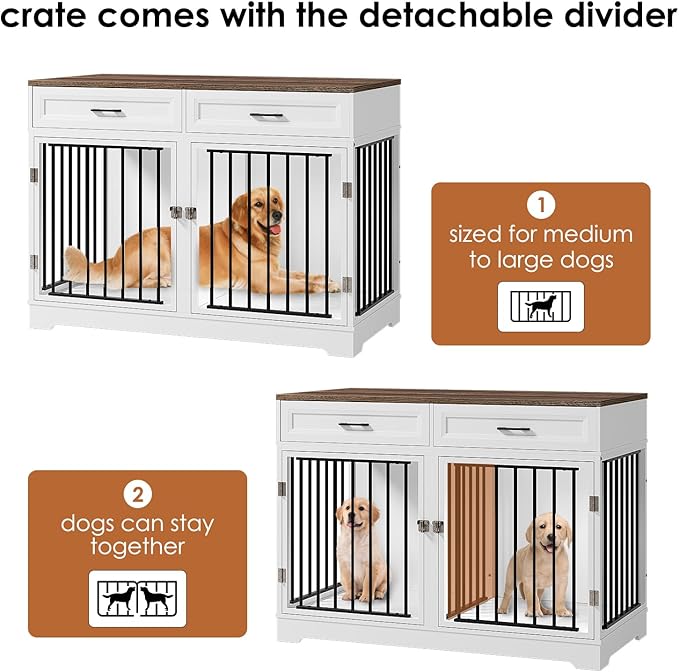 Dog Crate Furniture 47" Wooden Dog Kennels for Dogs Indoor with a Removable Divider for Large/Medium/Small Dogs, 2 Storage Drawers and Large Tabletop Dog Cages Double Doors Dog House, White