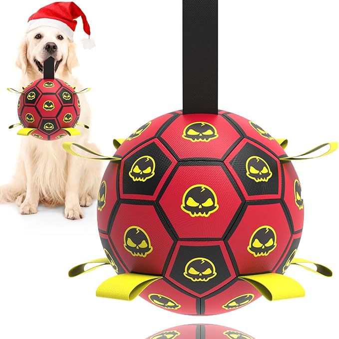 Dog Toys Soccer Ball with Straps, World Cup Interactive Dogs Toys for Tug of War, Yard Game, Water Toy, Herding Ball for Dogs, Durable Dog Balls with Skull Pattern for Puppy（6 Inch）