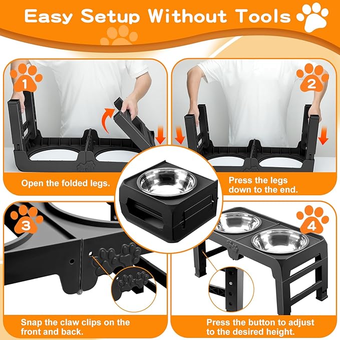 Elevated Dog Bowl Stand for Large Dogs - 2 Extra Large 10” Stainless Steel Bowls, 5 Adjustable Heights(7.5"-15.4"), Foldable Non-Slip & Durable, Portable Heavy Duty Travel Dog Feeder, Black