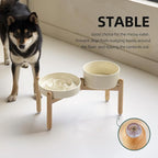 Ceramic Raised Slow Feeder Dog Bowl Set, Elevated 7.3inch Bowl and 8.2inch Puzzle Slow Dish with Wooden Stand for Medium and Large Dog, Anti-Gulping (2X Beige+ Stand)