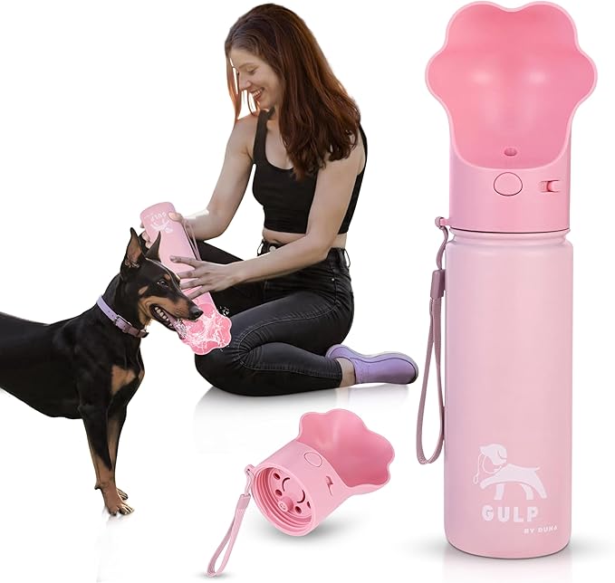 Gulp by Duna 18oz Travel Dog Water Bottle with Paw-Shaped Bowl, Insulated Stainless Steel | Leakproof Portable with Carry Strap for Outdoor Walking, Hiking & Pet Hydration On-The-Go | Pink