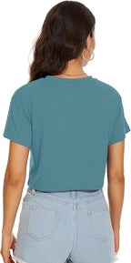 Womens Summer Crop Tops Short Sleeve Round Neck T-Shirts Loose Fit Casual Blouse