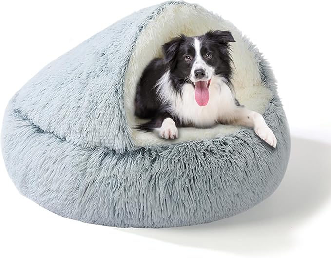 2-in-1 Dog Bed: Upgraded Aluminum Rim Support & Non Slip Bottom - Cozy Cave + Blanket for Large Medium Dogs Under 20 kg (44 lbs) | Plush Self-Heating for Border Collie, Labs