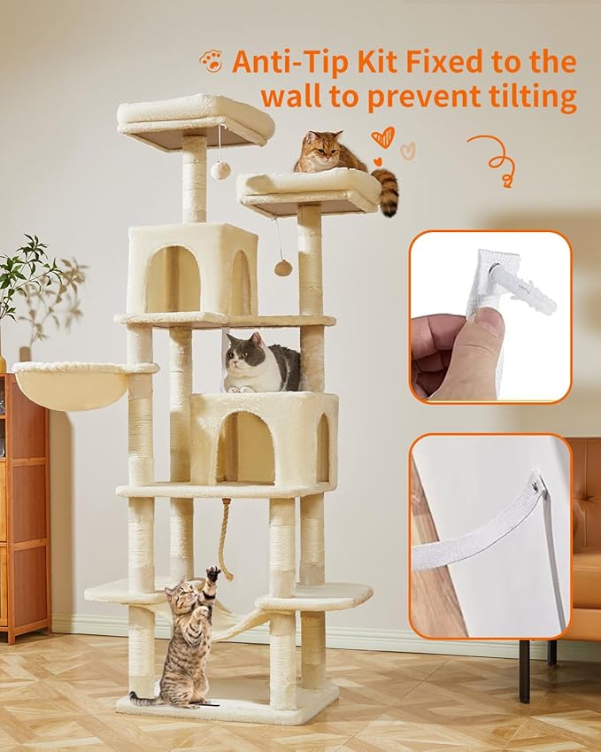 Taoqimiao Cat Tree, 71.7-Inch Cat Tower for Indoor Cats, Plush Multi-Level Cat Condo with 13 Scratching Posts, 2 Perches, 2 Caves, Hammock, 2 Pompoms,Beige MS013LM