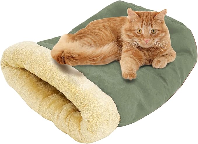 4 in 1 Self Warming Burrow Cat Bed, Pet Hideway Sleeping Cuddle Cave (Sage Green)