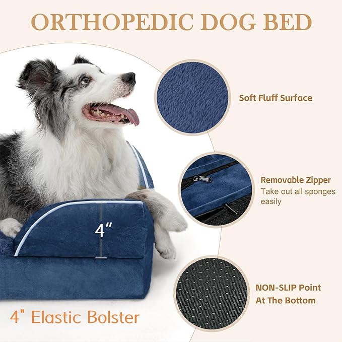 Comfort Expression Large Dog Beds Waterproof Orthopedic Foam Dog Sofa Beds Comfy Pet Bed with Washable Removable Cover & Non-Slip Bottom(Large,Navy Blue)