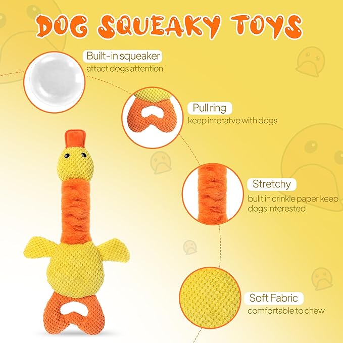 TwoEar Duck Dog Toy with Crinkle Paper, Interactive Tug of War Dog Toy, Stuffed Squeaky Toys for Puppies, Small, Medium, and Large Dogs