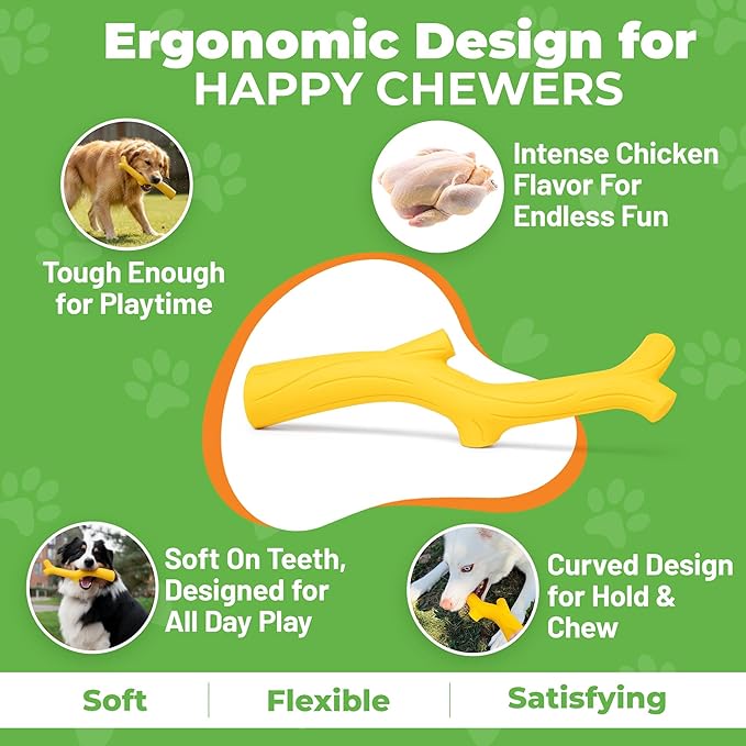 Natural Rubber Durable Dog Toys for Large & Medium Dogs Chicken Flavored Squeak Toy, Curved Branch Shape for Easy Grip, Fetch & Chew Toy for Dogs, Soft & Flexible Dog Enrichment Toys New Dog Toys