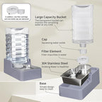 Sfozstra Automatic Lagre Water Dispenser: 9L Dogs Stainless Steel Gravity Light Gray Upgraded Feeder - Two Caps and Filters - Convenient Designed for Multiple Pets