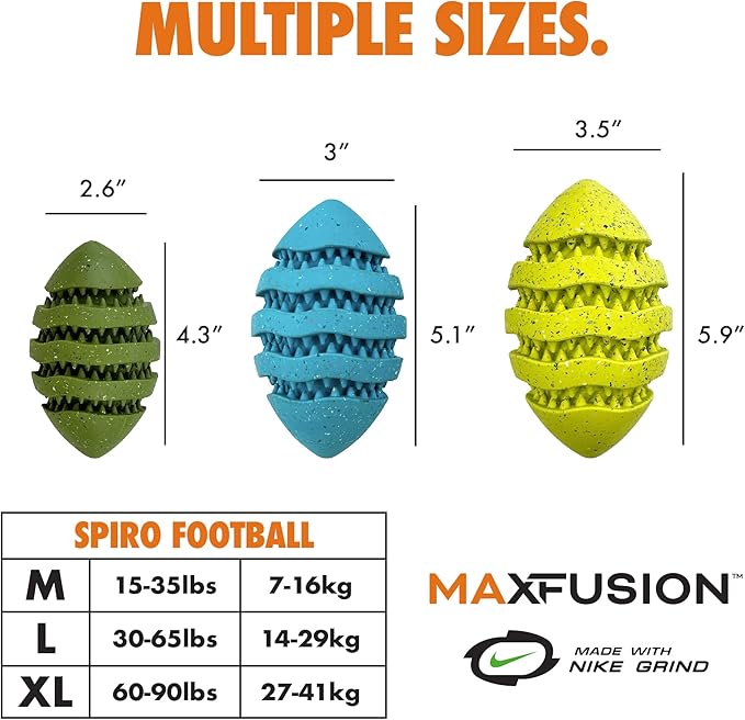 Max Fusion Made with Nike Grind, Arlee Spiro Football Dog Toy for All Dogs, Durable & Natural Rubber Chew Toy for Play, Fetch & Chewing, Medium, Green, 1 Count