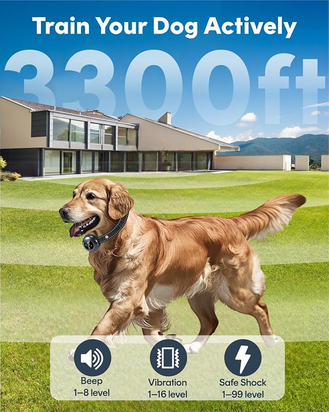 2 in 1 Bark Collar & Dog Shock Collar with Remote Control for Large & Medium Dog 10–150 lbs– 3300FT, IP67 Waterproof E-Collar for Dogs Training with 5 Sensitivity Levels & Security Lock