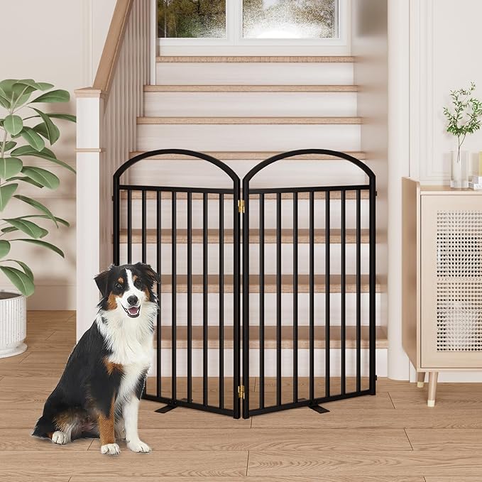 2 Panels Full Matel Freestanding Dog Gates with Door, 48"Extra Wide 36"Tall Free Standing Dog Pet Gate for Indoor & Outdoor. Foldable Pet Fences for Doorways, House, Stairs, Porch, Deck, Yard